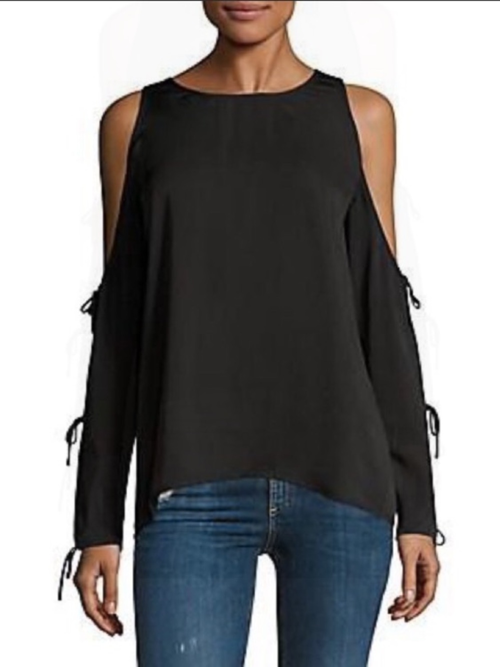 L’Academie Cold Shoulder Tie Long Sleeve Blouse in Black Size Small